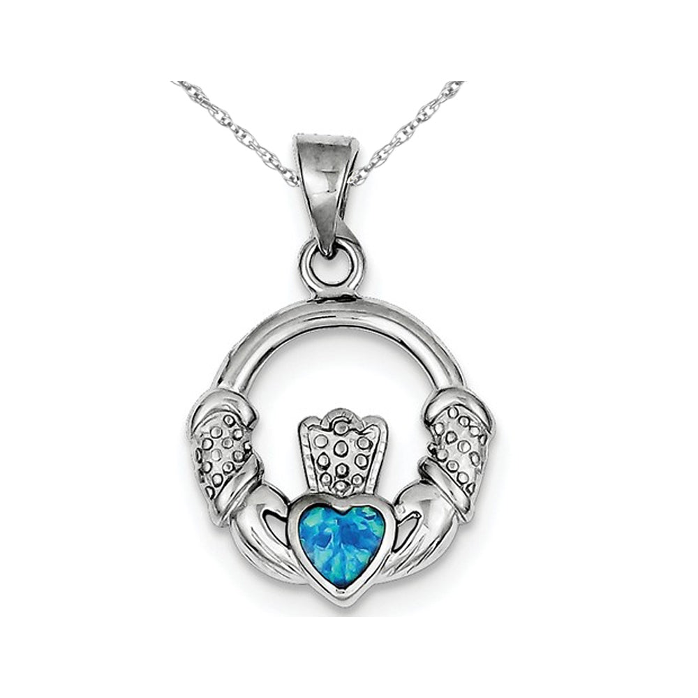 Lab-Created Blue Opal Irish Claddagh Heart Pendant Necklace in Sterling Silver with Chain Image 1