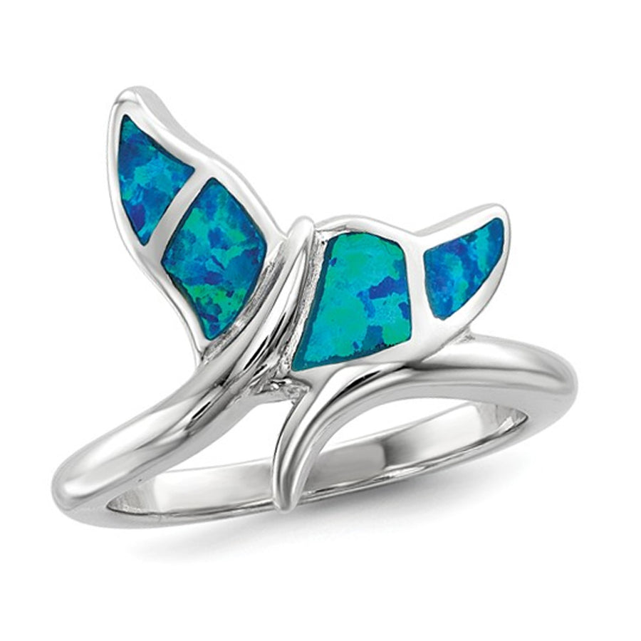 Synthetic Blue Opal Whale Tail Ring in Sterling Silver with Rhodium Image 1