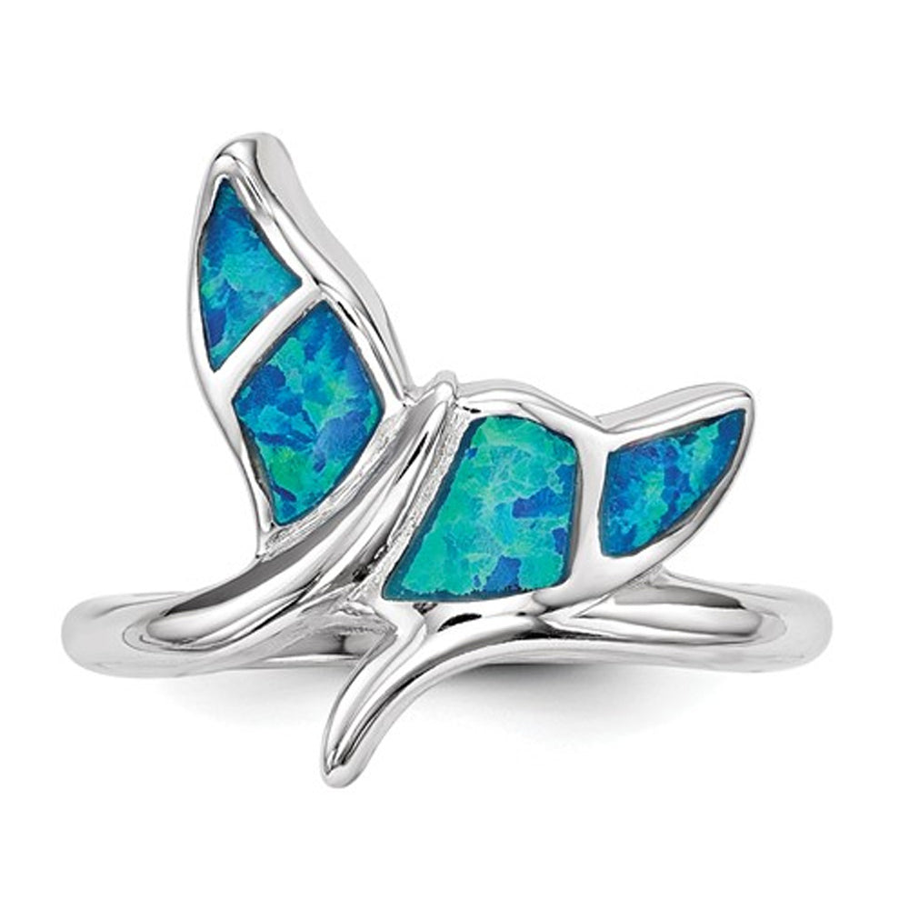 Synthetic Blue Opal Whale Tail Ring in Sterling Silver with Rhodium Image 2