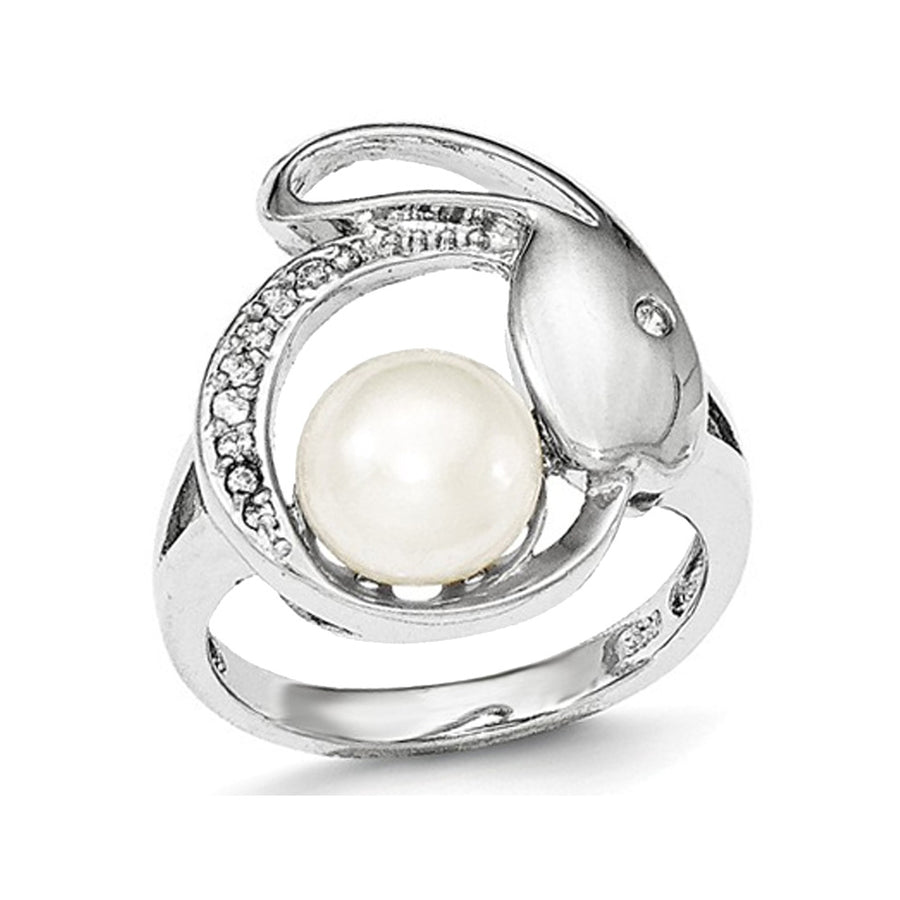 Freshwater Cultured Button Pearl Ring 8mm with Synthetic Cubic Zirconia (CZ) in Sterling Silver Image 1