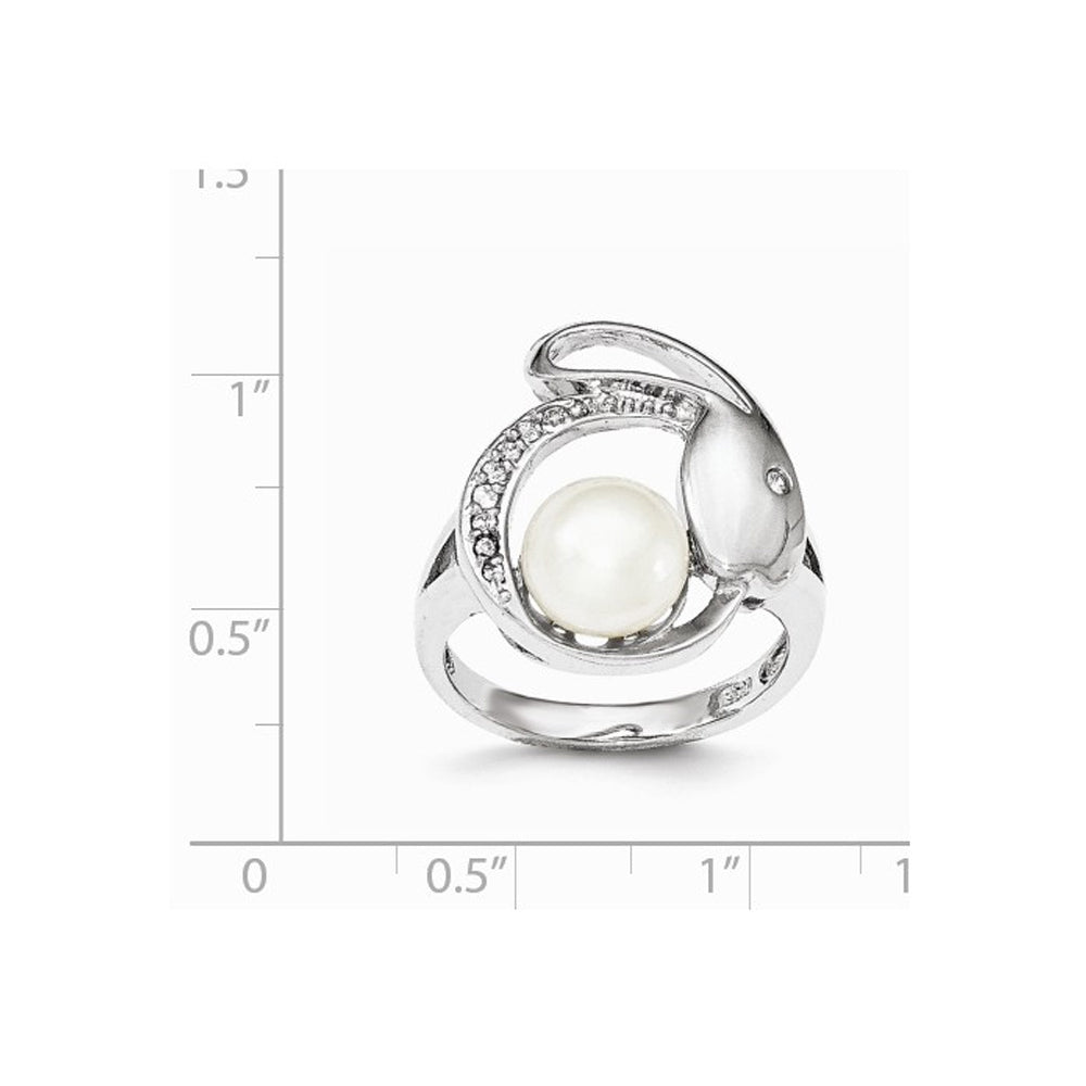 Freshwater Cultured Button Pearl Ring 8mm with Synthetic Cubic Zirconia (CZ) in Sterling Silver Image 2