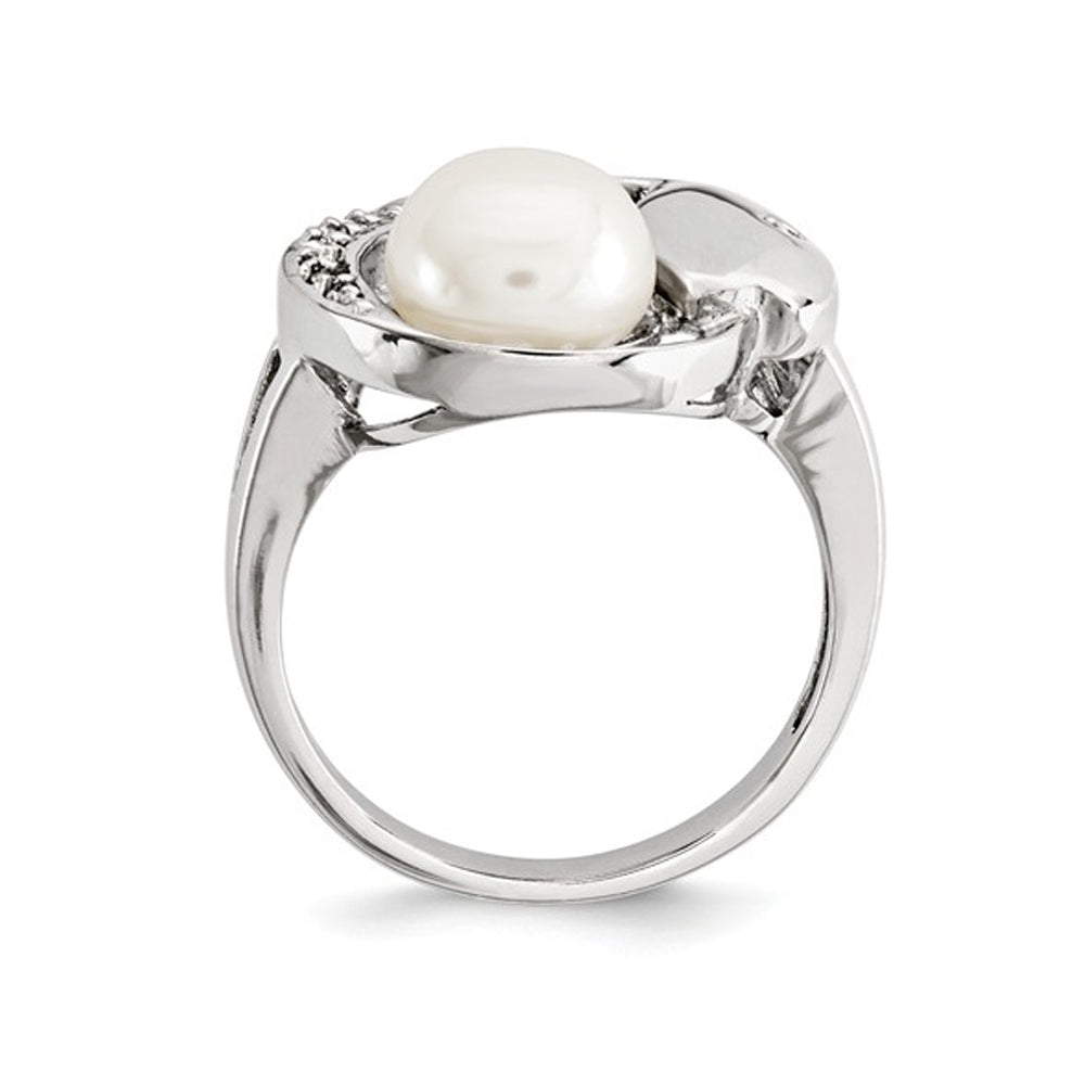 Freshwater Cultured Button Pearl Ring 8mm with Synthetic Cubic Zirconia (CZ) in Sterling Silver Image 3