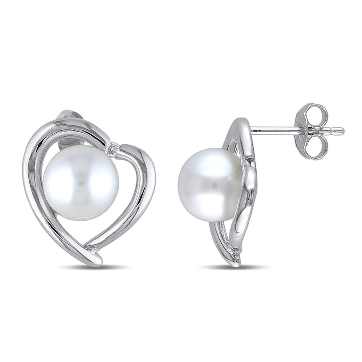 8-8.5mm White Freshwater Cultured Pearl and Diamond Heart Stud Earrings in Sterling Silver Image 1