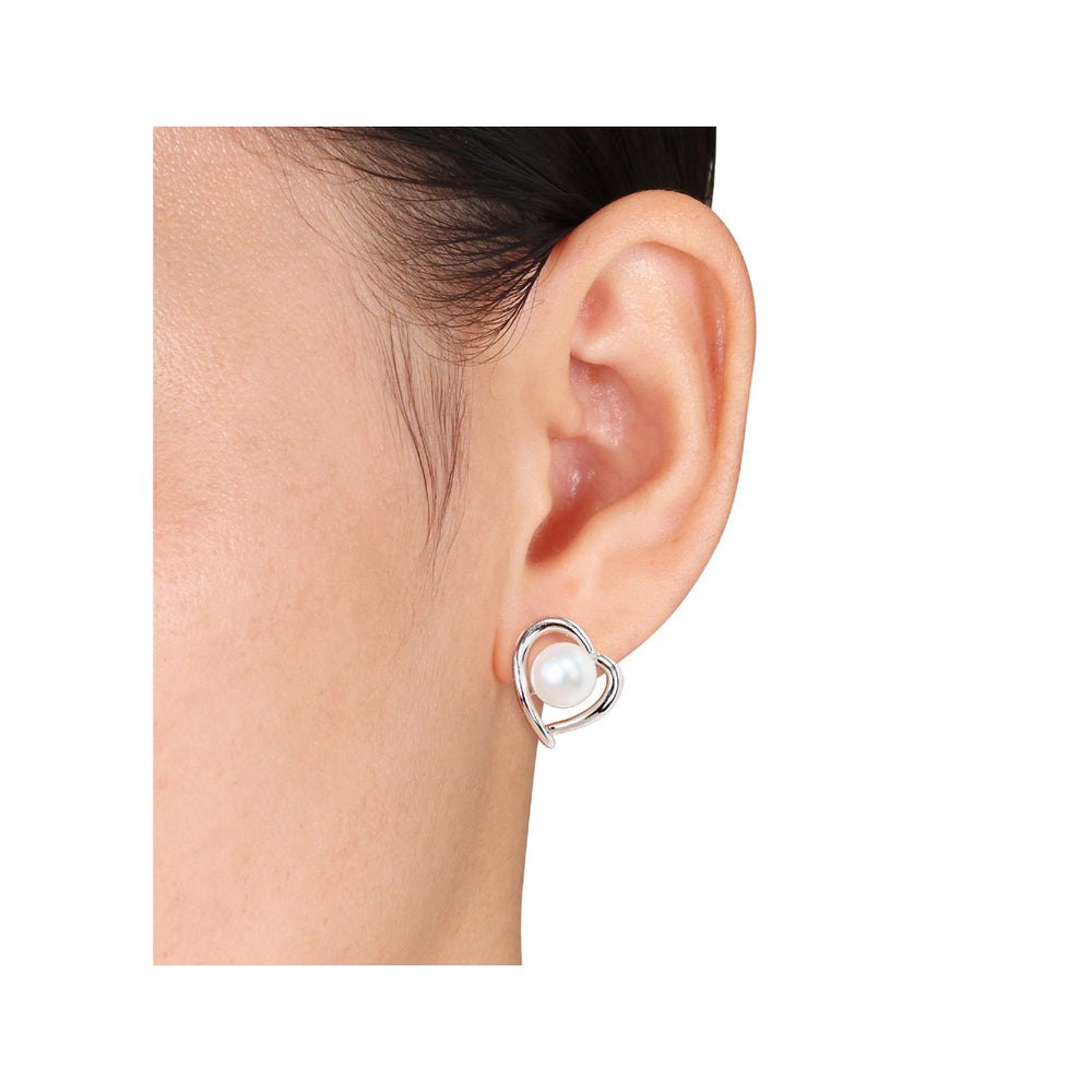 8-8.5mm White Freshwater Cultured Pearl and Diamond Heart Stud Earrings in Sterling Silver Image 2