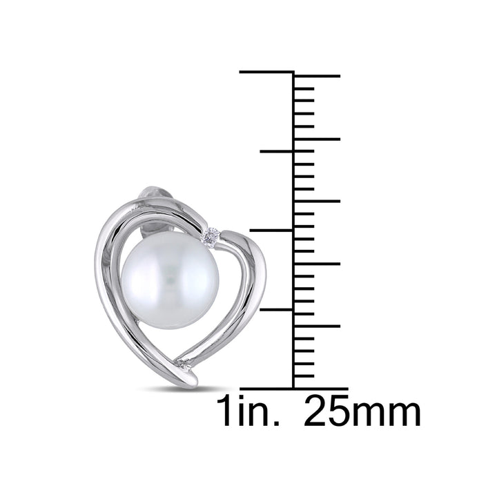 8-8.5mm White Freshwater Cultured Pearl and Diamond Heart Stud Earrings in Sterling Silver Image 3