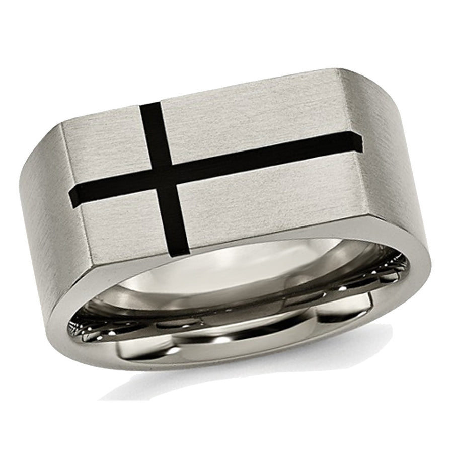 Mens Chisel Titanium 10mm Black Enamel Cross Brushed Wedding Band Ring Image 1