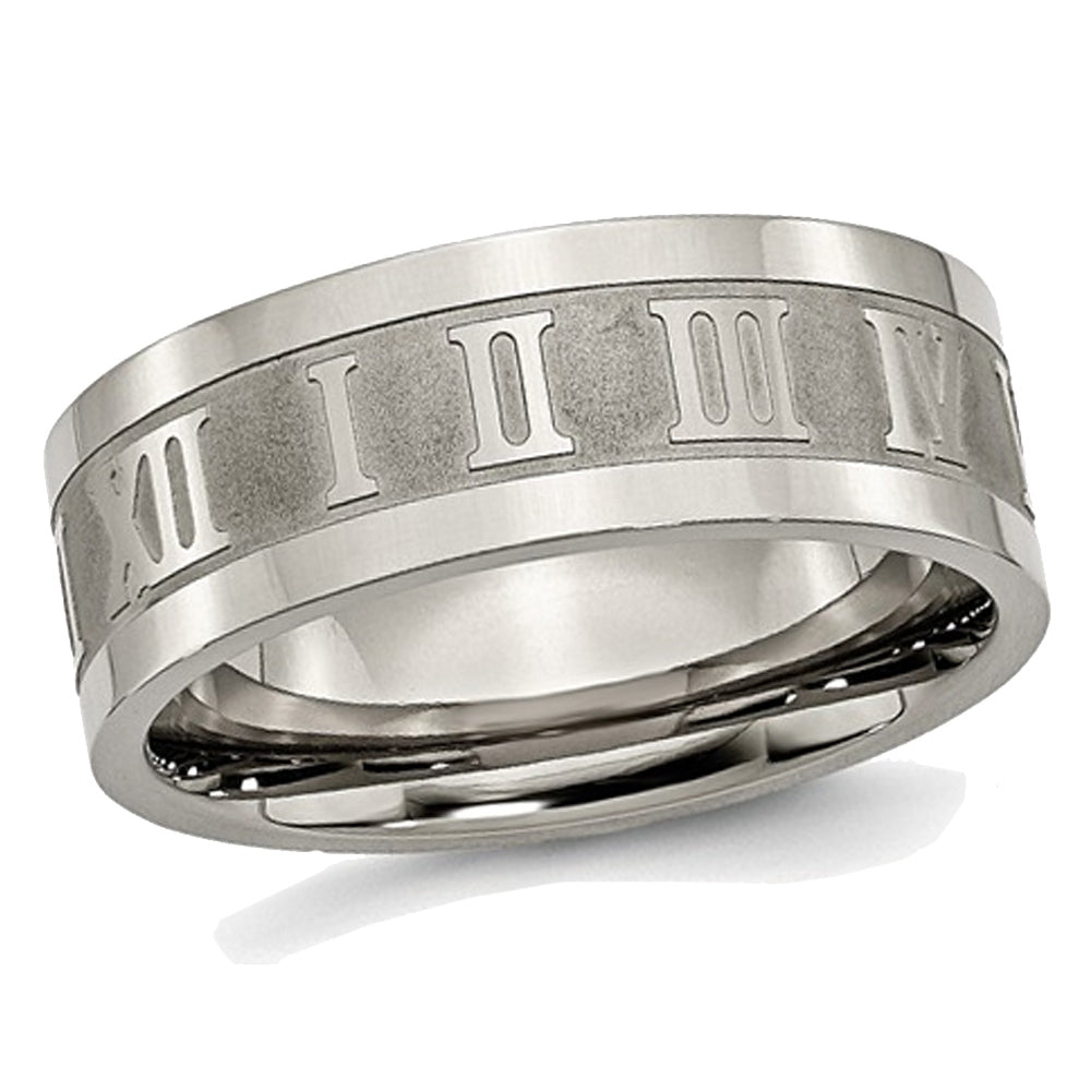 Mens Titanium Roman Numerals 8mm Satin Flat Wedding Band Ring Image 1