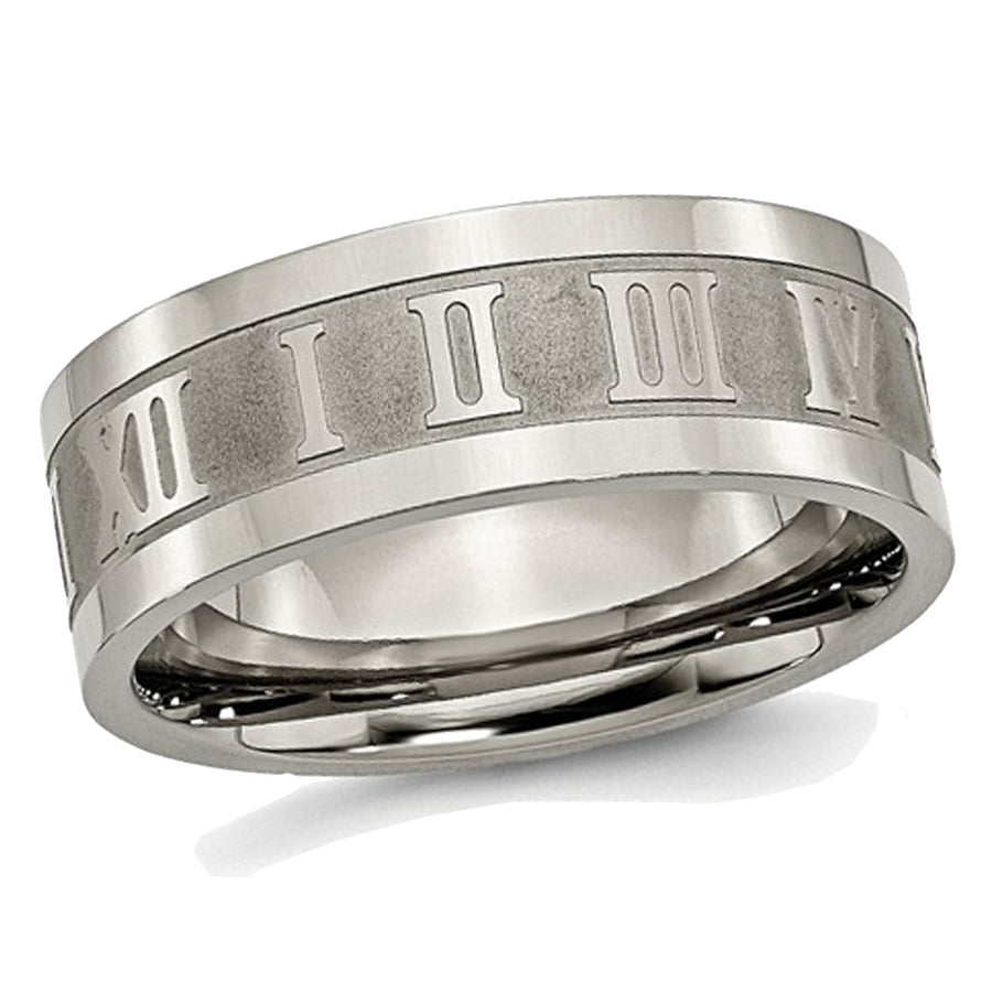 Mens Titanium Roman Numerals 8mm Satin Flat Wedding Band Ring Image 1