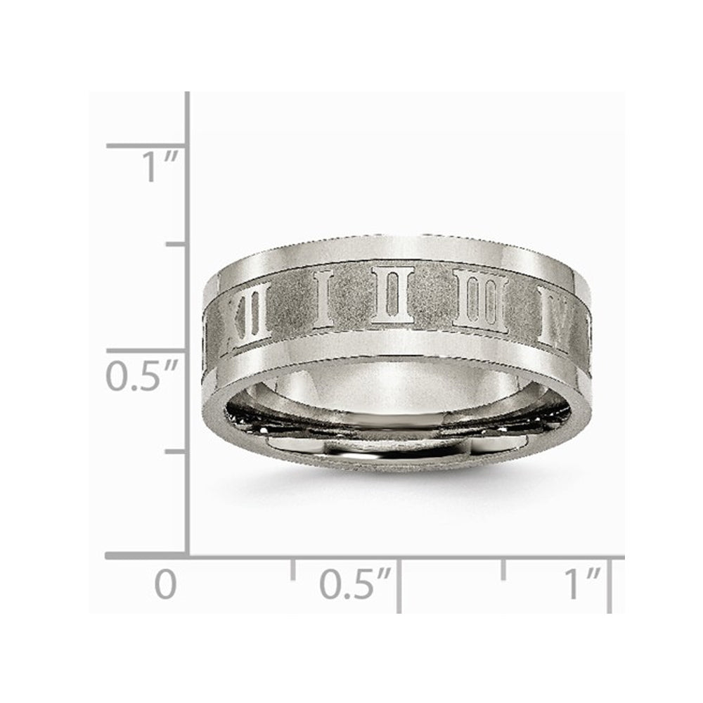 Mens Titanium Roman Numerals 8mm Satin Flat Wedding Band Ring Image 2