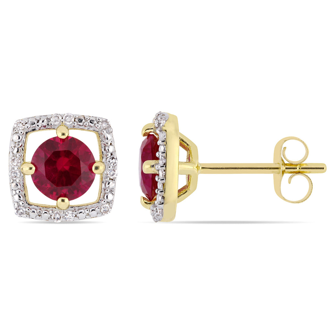 1.10 Carat (ctw) Lab Created Ruby Solitaire Halo Earrings in 10K Yellow Gold with Diamonds Image 1