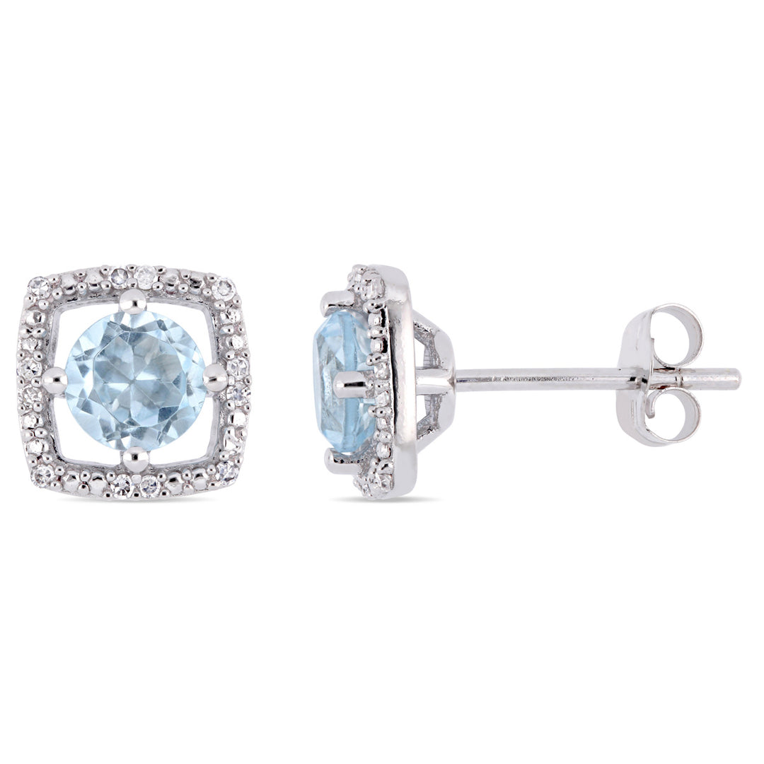1.00 Carat (ctw) Blue Topaz Solitaire Halo Earrings in 10K White Gold with Diamonds Image 1