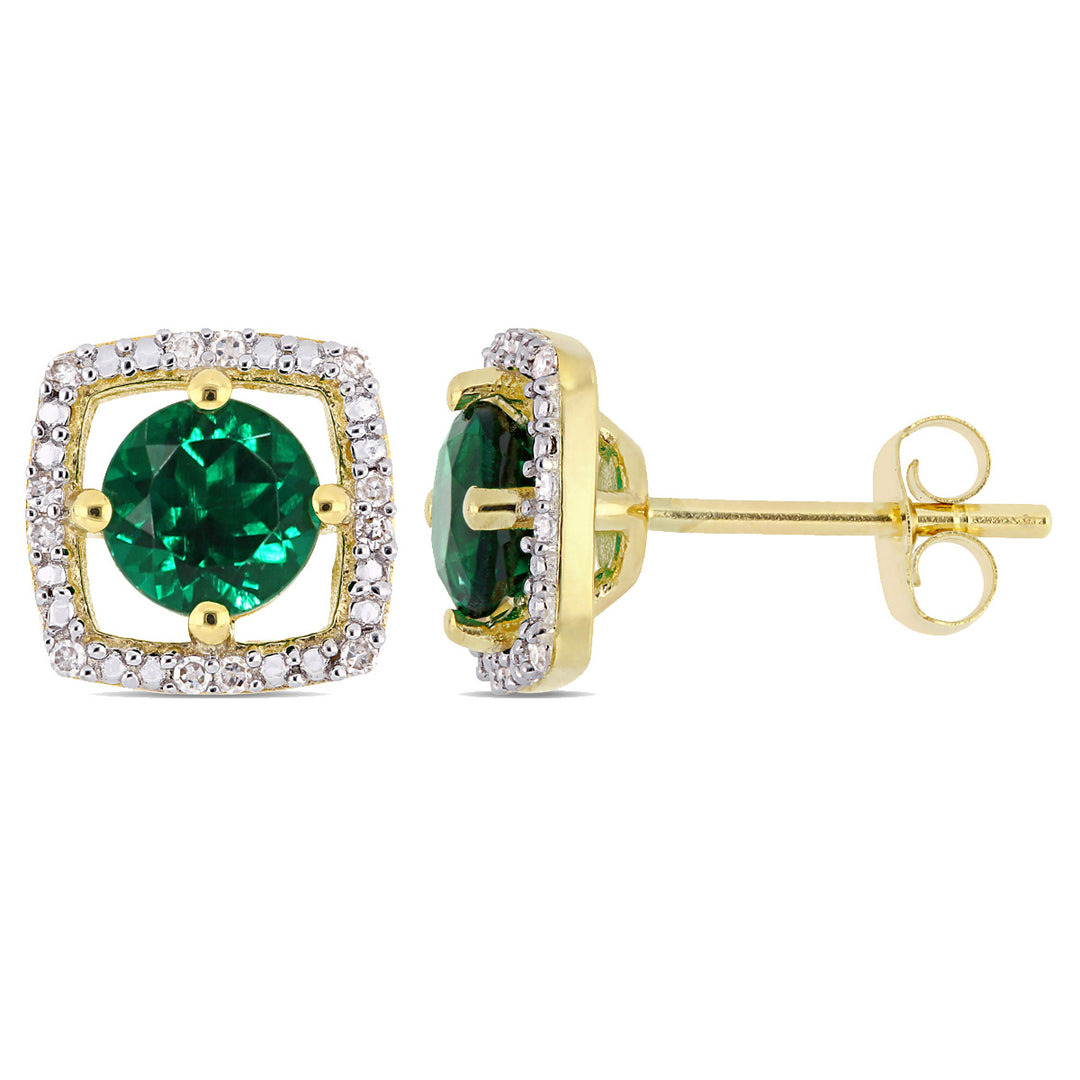 1.00 Carat (ctw) Lab Created Emerald Halo Earrings in 10K Yellow Gold with Diamonds Image 1