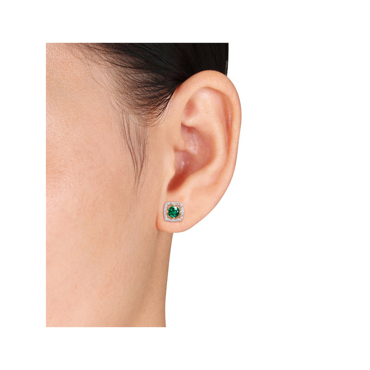 1.00 Carat (ctw) Lab Created Emerald Halo Earrings in 10K Yellow Gold with Diamonds Image 2