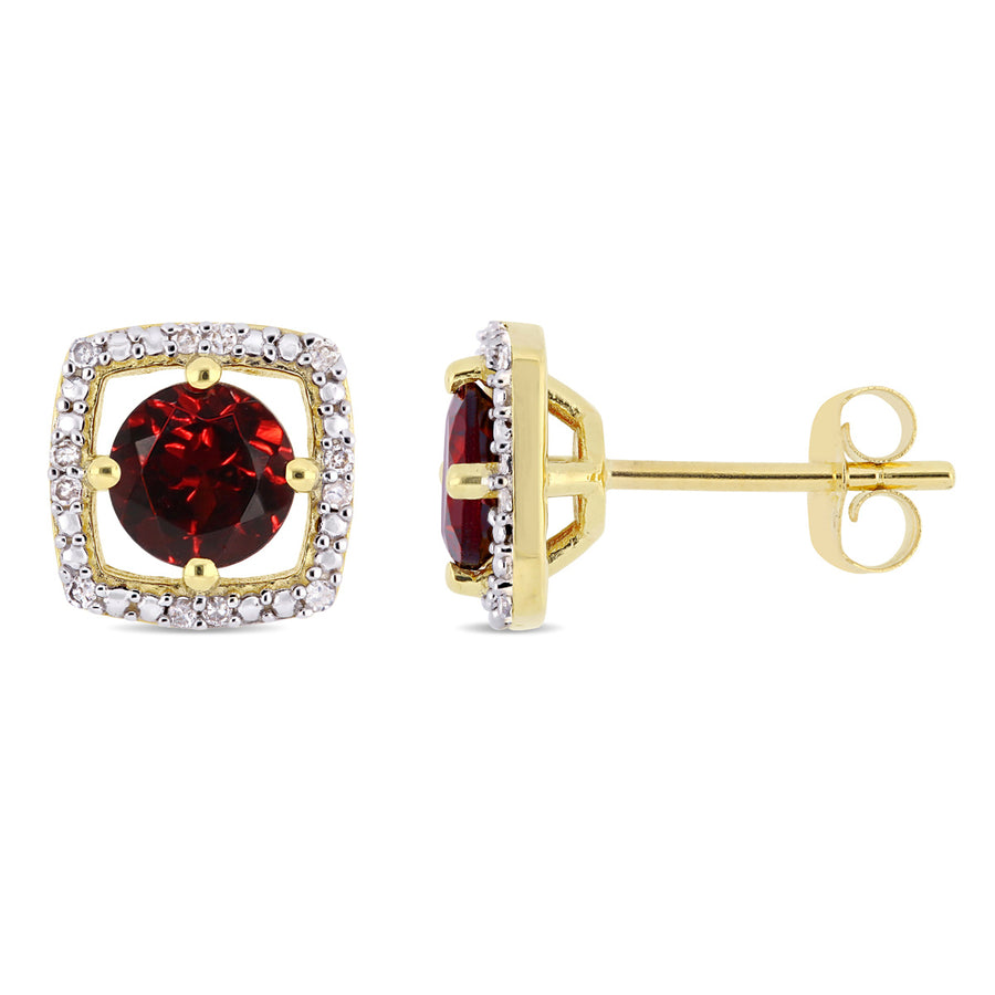 1.20 Carat (ctw) Natural Garnet Solitaire Halo Earrings in 10K Yellow Gold with Diamonds Image 1