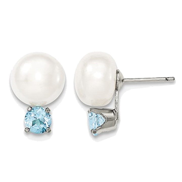 Sterling Silver Freshwater Cultured White Button Pearl 10-11mm Solitaire Stud Earrings with Blue Topaz Image 1