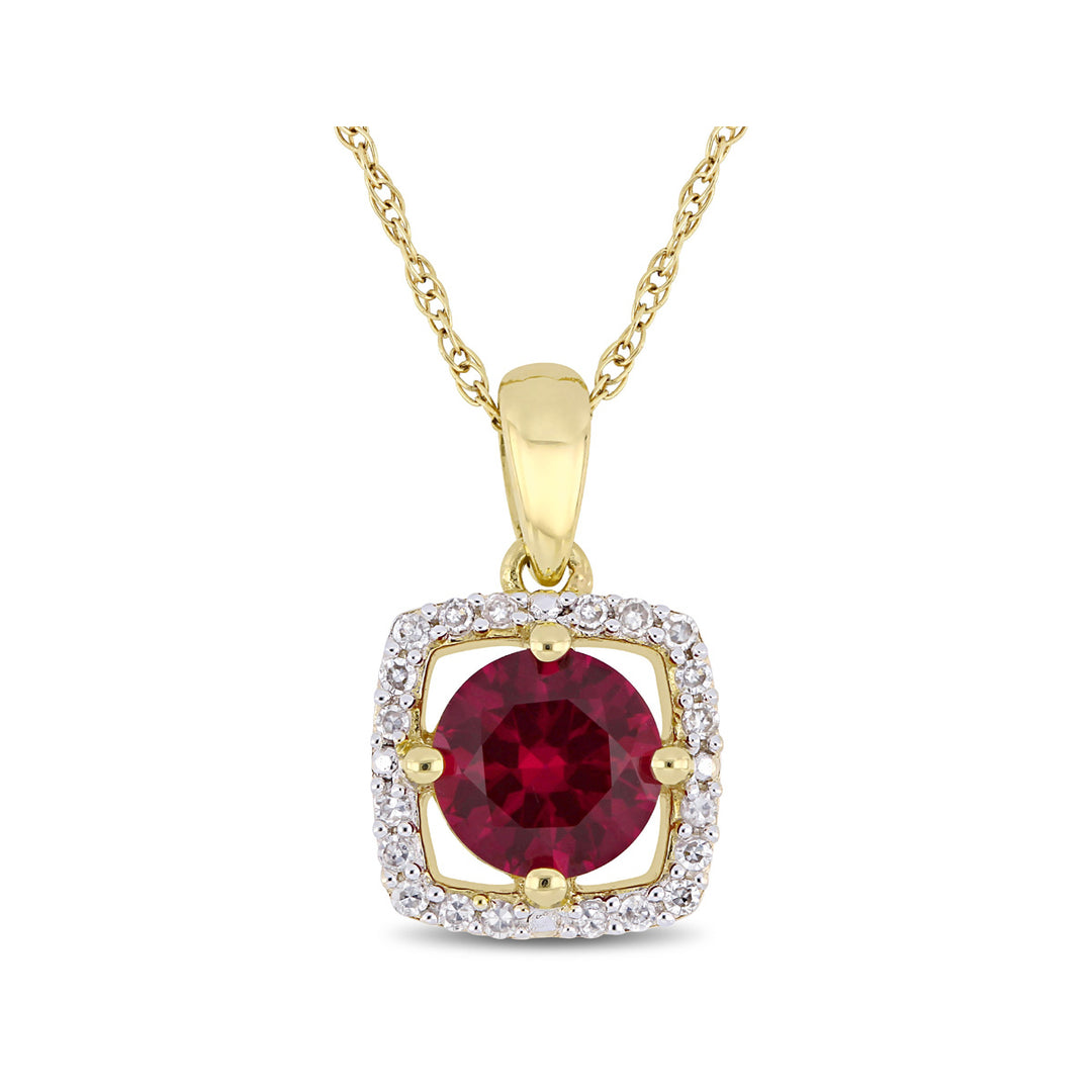 1.00 Carat (ctw) Lab Created Ruby Solitaire Pendant Necklace in 10K Yellow Gold with Diamonds 1/10 (ctw I2-I3) and Chain Image 1