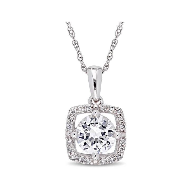 1.00 Carat (ctw) Lab Created White Sapphire Solitaire Pendant Necklace in 10K White Gold with Chain and Diamonds 1/10 Image 1