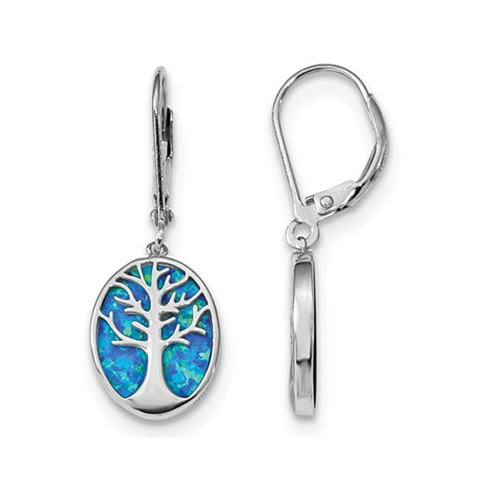 Synthetic Blue Opal Tree of Life Leverback Earrings in Sterling Silver Image 1