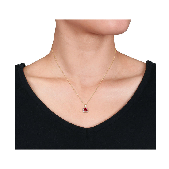 1.00 Carat (ctw) Lab Created Ruby Solitaire Pendant Necklace in 10K Yellow Gold with Diamonds 1/10 (ctw I2-I3) and Chain Image 2