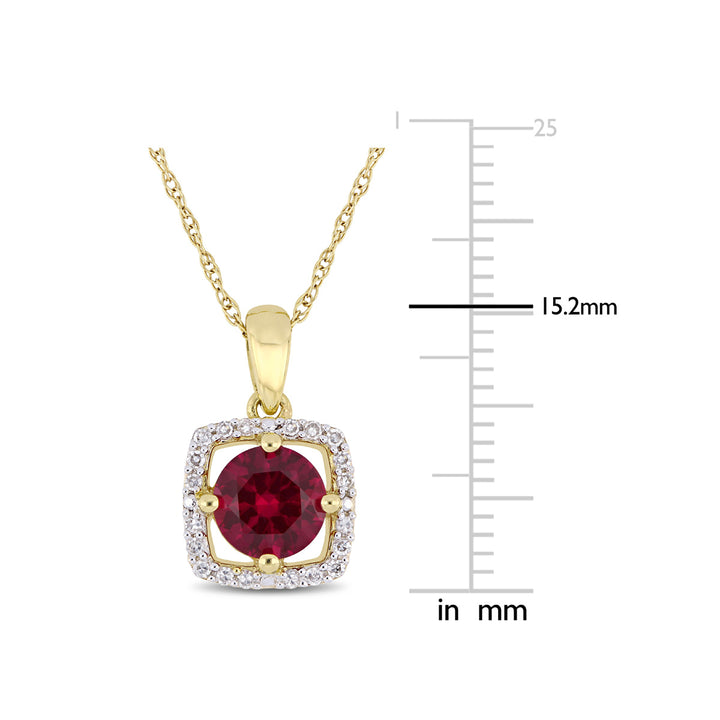 1.00 Carat (ctw) Lab Created Ruby Solitaire Pendant Necklace in 10K Yellow Gold with Diamonds 1/10 (ctw I2-I3) and Chain Image 3