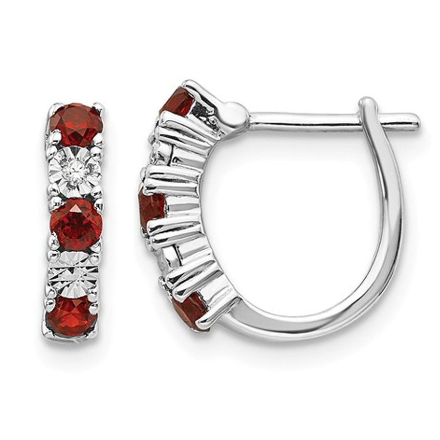 1/2 Carat (ctw) Sterling Silver Rhodium Plated Garnet Hoop Earrings with Accent Diamonds Image 1