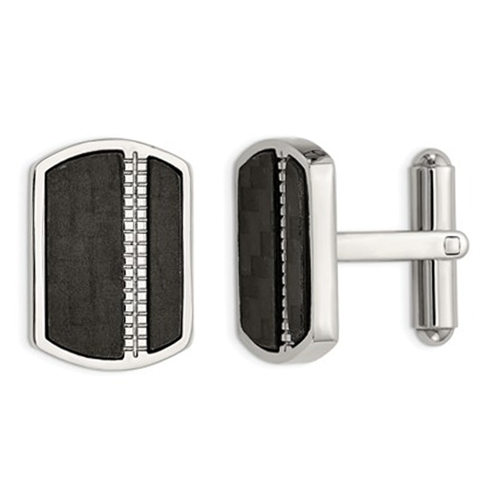 Stainless Steel Polished Cuff Links with Black Carbon fiber Image 1