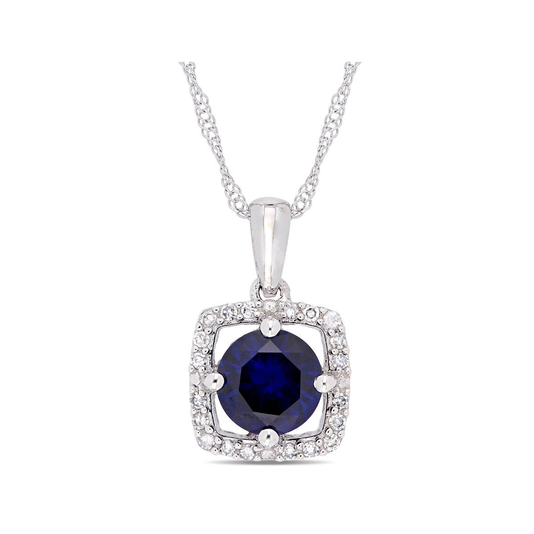1.00 Carat (ctw) Lab Created Blue Sapphire Halo Drop Pendant Necklace in 10K White Gold with Chain and Diamonds 1/10 Image 1