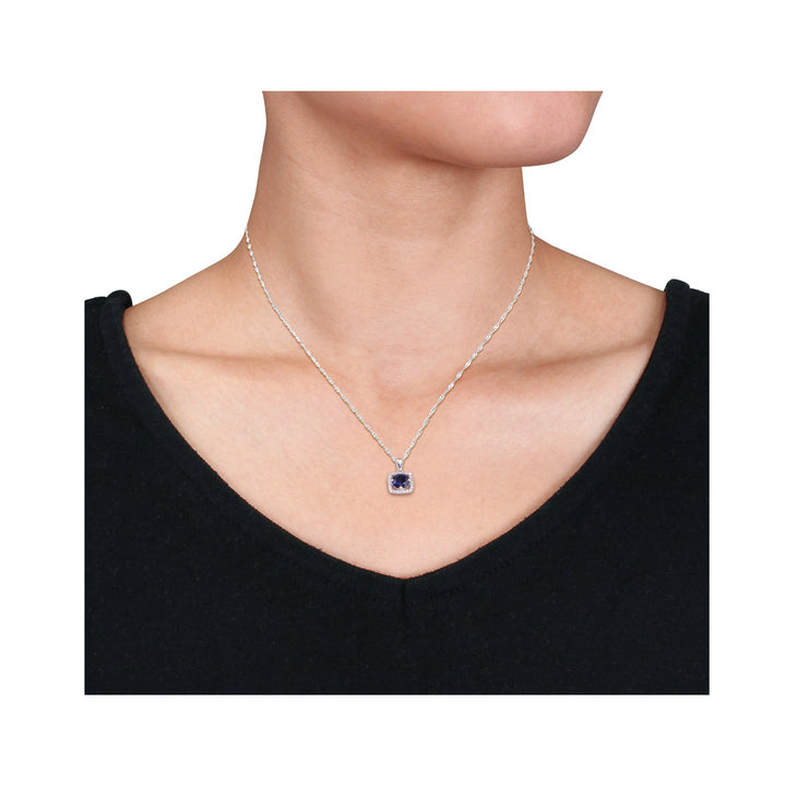 1.00 Carat (ctw) Lab Created Blue Sapphire Halo Drop Pendant Necklace in 10K White Gold with Chain and Diamonds 1/10 Image 3