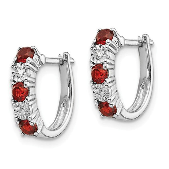 1/2 Carat (ctw) Sterling Silver Rhodium Plated Garnet Hoop Earrings with Accent Diamonds Image 3