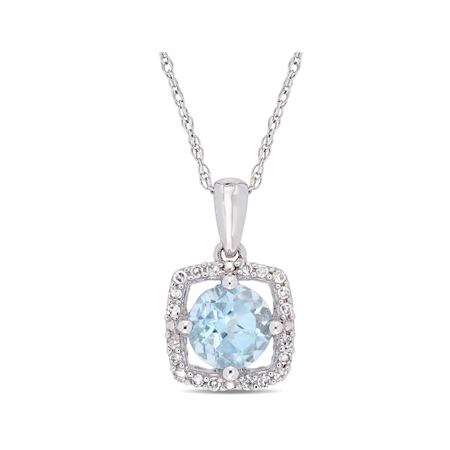 1.00 Carat (ctw) Blue Topaz Solitaire Pendant Necklace in 10K White Gold with Chain and 1/10 Carat (ctw I2-I3) Diamonds Image 1
