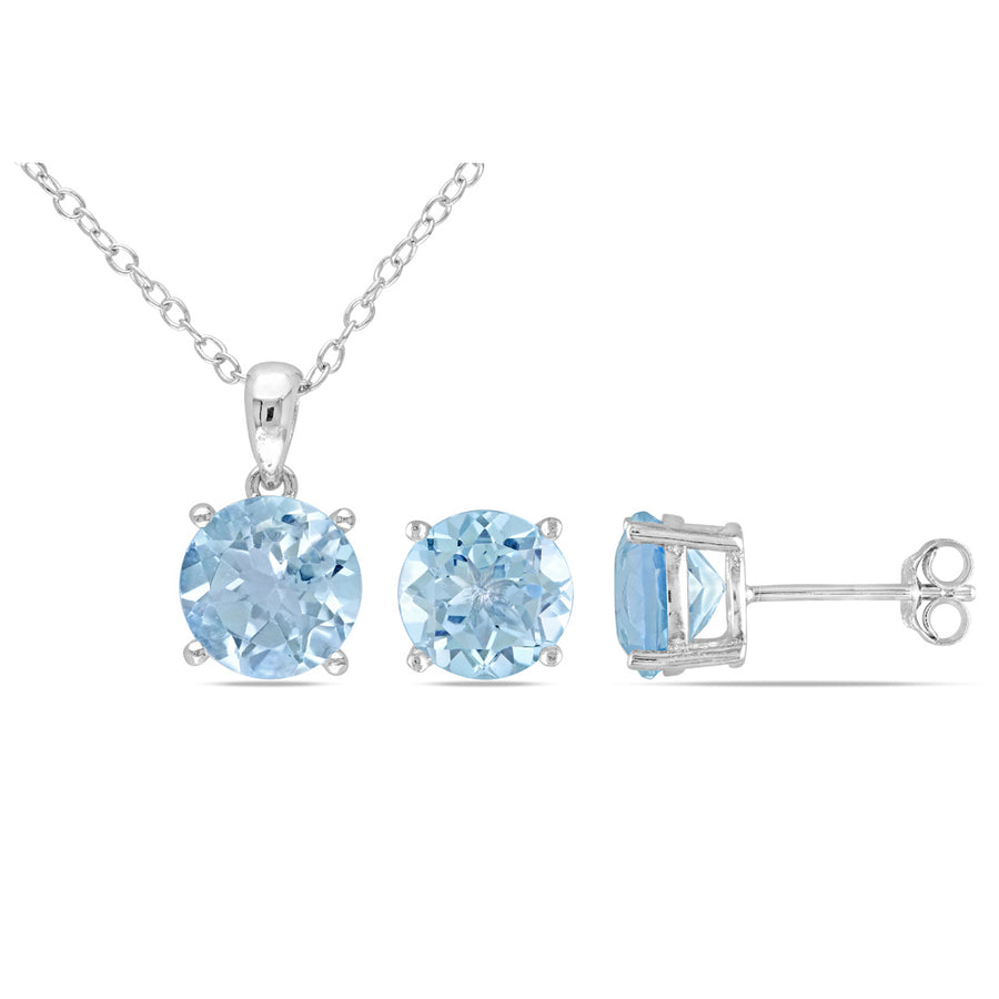 6.35 Carat (ctw) Blue Topaz 8mm Solitaire Earrings and Pendant Set n Sterling Silver with Chain Image 1