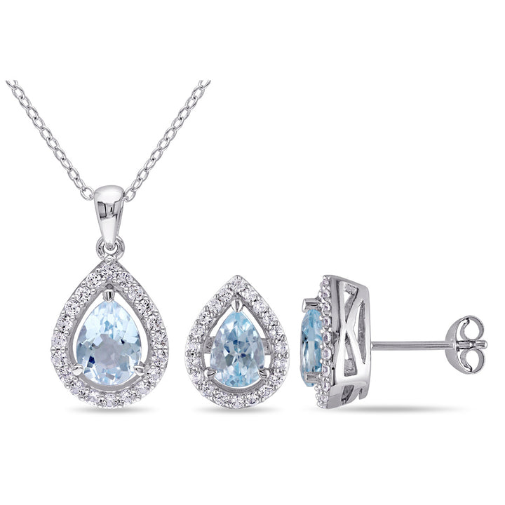 3.20 Carat (ctw) Blue Topaz and Created White Sapphire Drop Earrings and Pendant Set in Sterling Silver Image 1