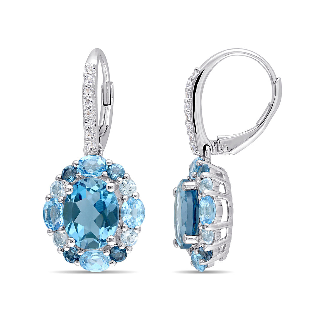 6.70 Carat (ctw) London Blue Topaz and Lab Created White Topaz Drop Leverback Earrings in Sterling Silver Image 1