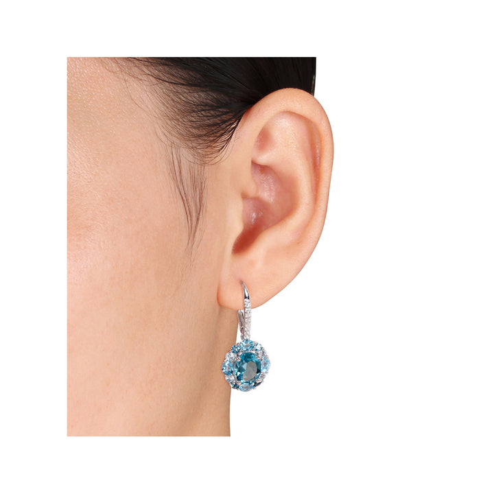 6.70 Carat (ctw) London Blue Topaz and Lab Created White Topaz Drop Leverback Earrings in Sterling Silver Image 2