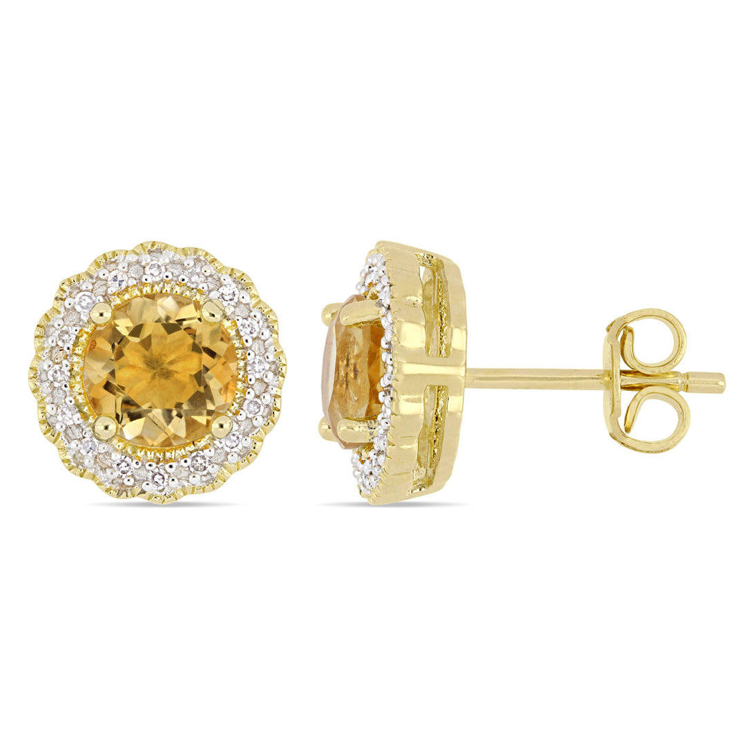 1.50 Carat (ctw) Citrine Solitaire Halo Earrings in Yellow Plated Sterling Silver with Diamonds Image 1