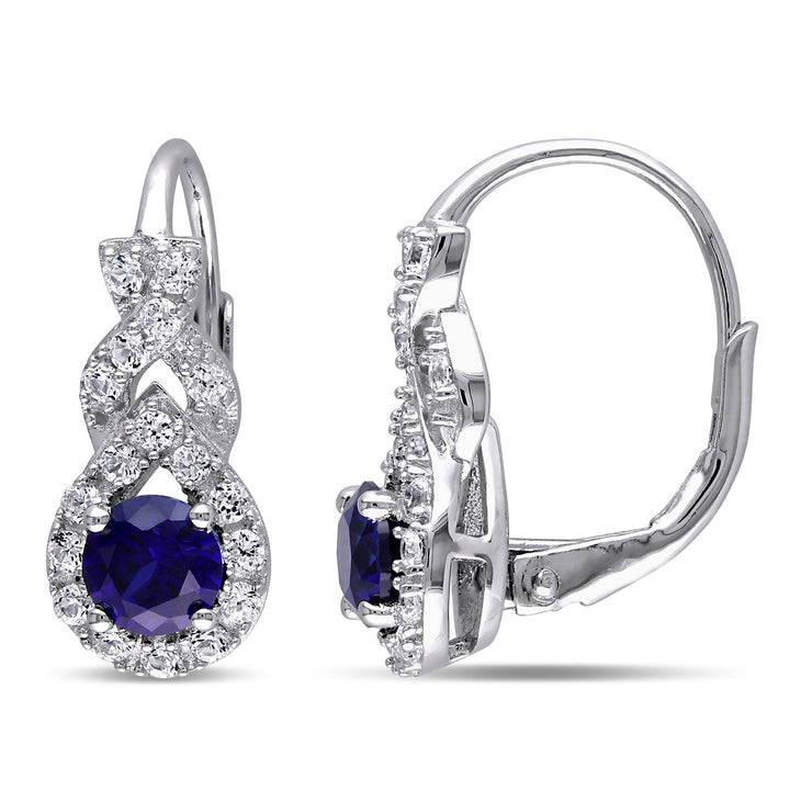 1.85 Carat (ctw) Lab Created Blue and White Sapphire Leverback Earrings in Sterling Silver Image 1