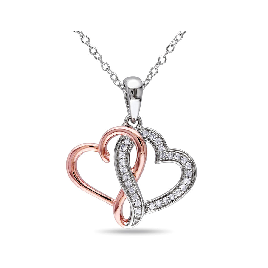 1/7 Carat (ctw I2-I3) Diamond Twin Heart Pendant in Rose Plated Sterling Silver with Chain Image 1