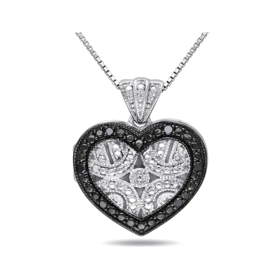 1/20 Carat (ctw) Black Diamond Heart Locket Pendant Necklace in Sterling Silver with Chain Image 1