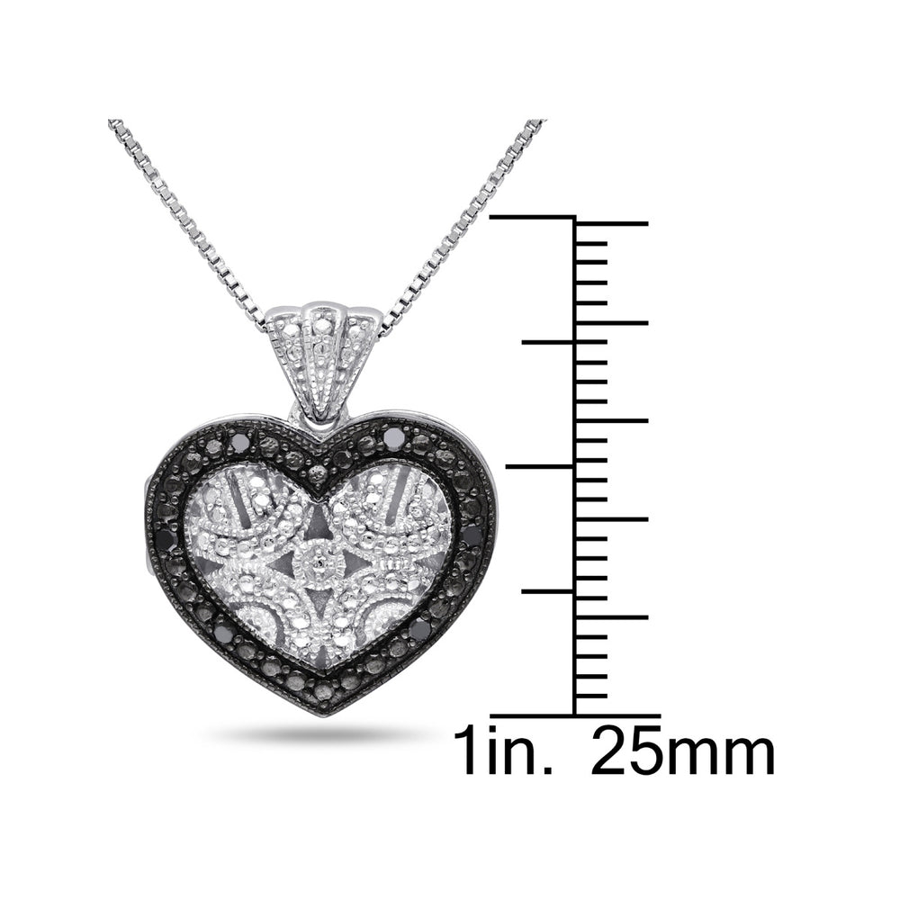 1/20 Carat (ctw) Black Diamond Heart Locket Pendant Necklace in Sterling Silver with Chain Image 2