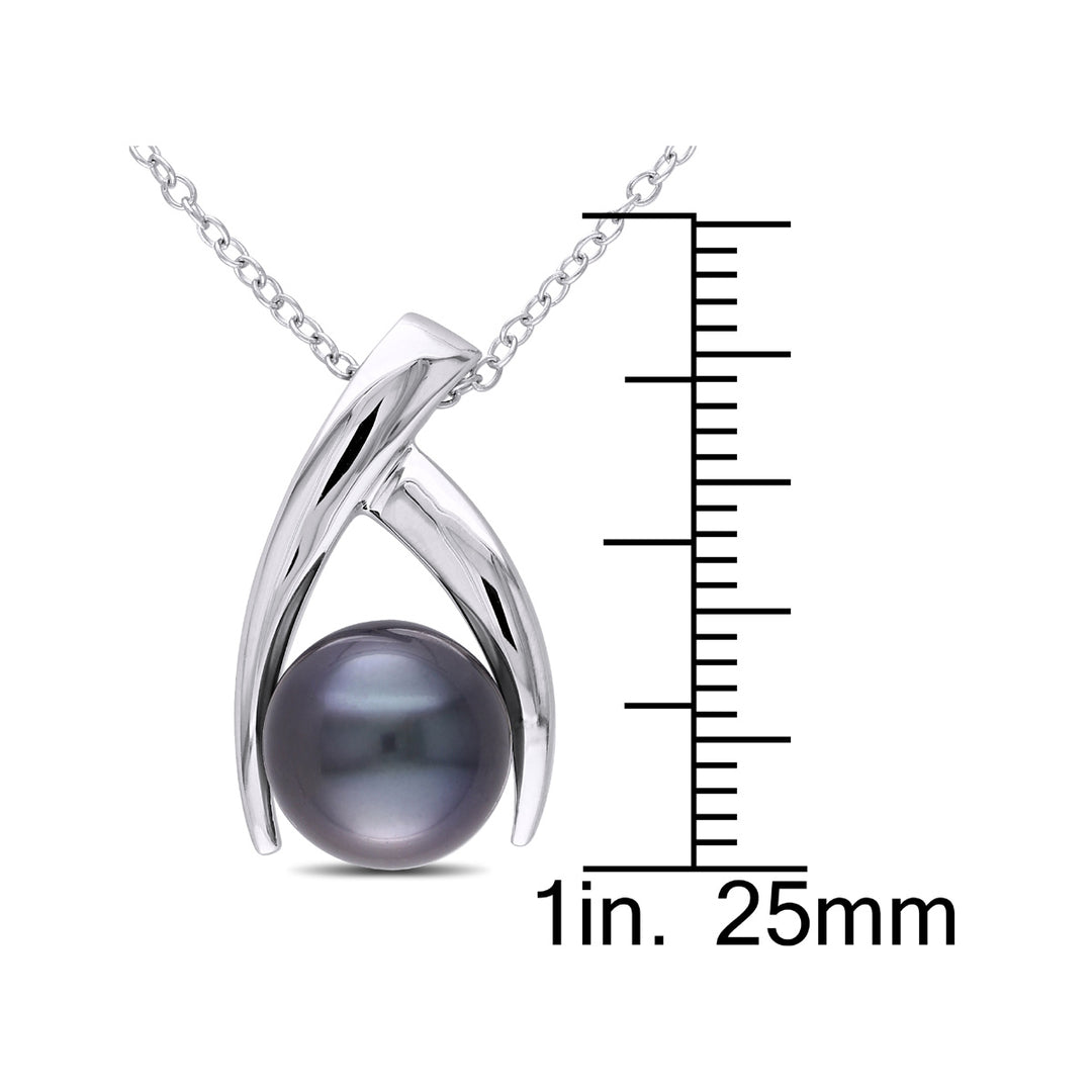 9-10mm Black Tahitian Cultured Pearl Pendant Necklace with Sterling Silver ChainSilver Image 3