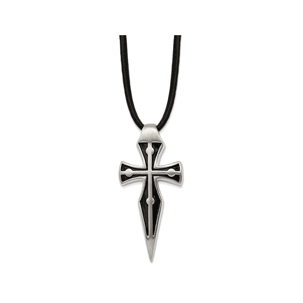 Mens Stainless Steel Cross Necklace with Leather Cord Image 1