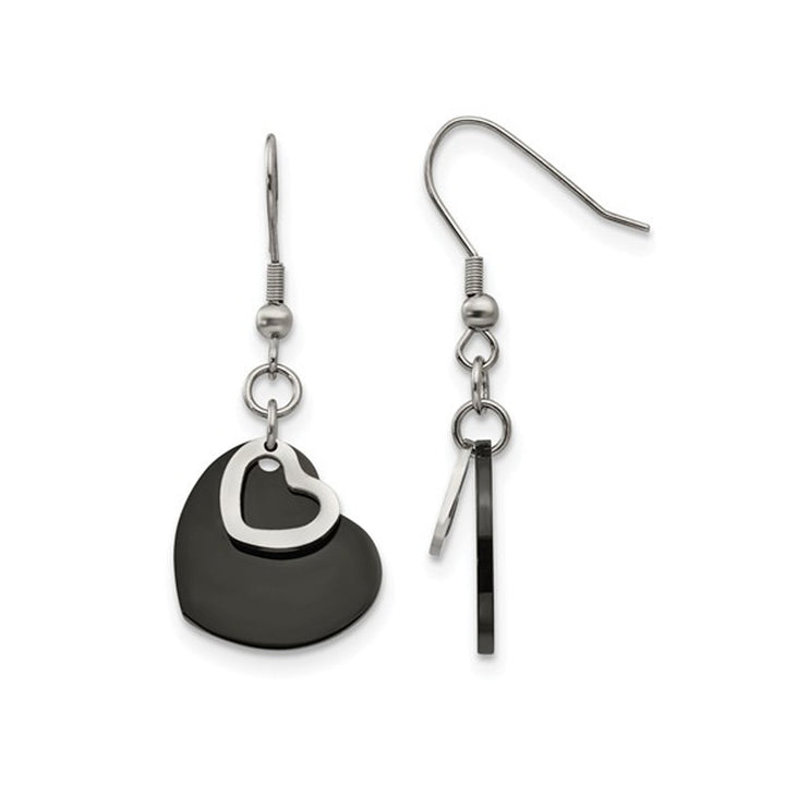 Stainless Steel Black Polished Heart Post Dangle Earrings Image 1