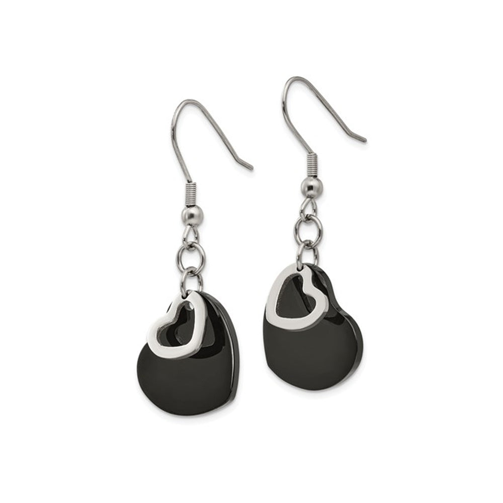 Stainless Steel Black Polished Heart Post Dangle Earrings Image 2