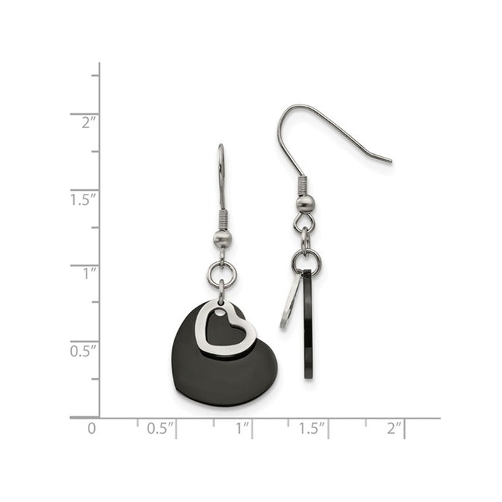 Stainless Steel Black Polished Heart Post Dangle Earrings Image 3