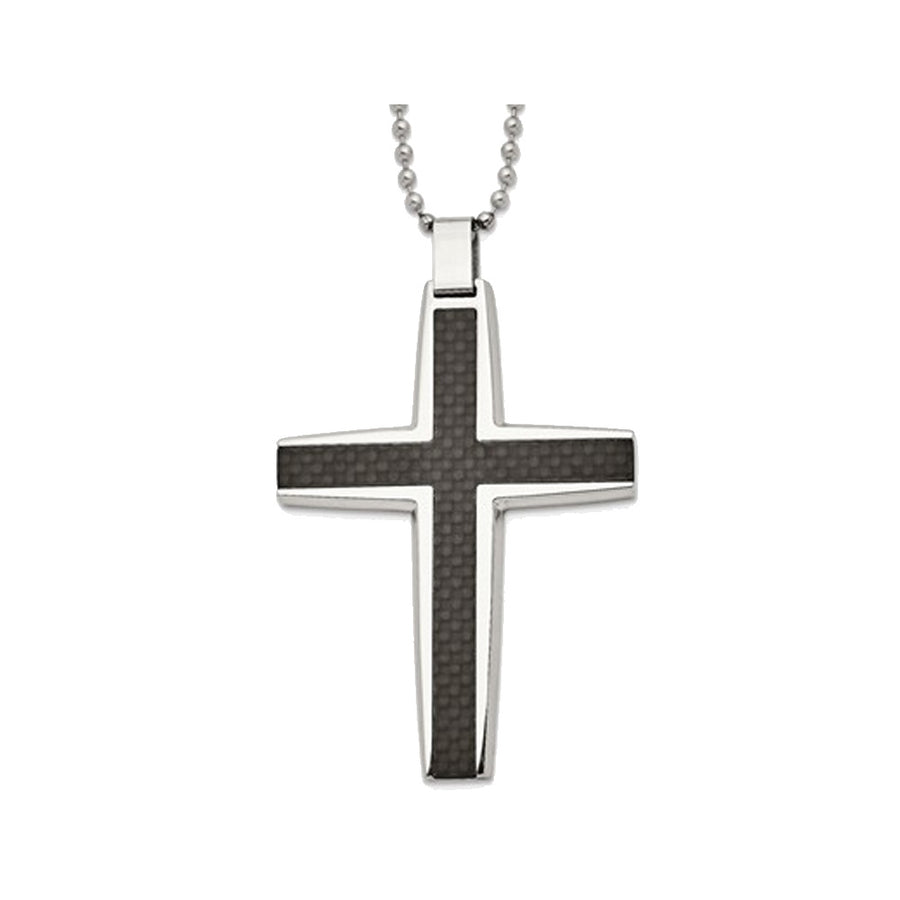 Mens Stainless Steel Carbon Fiber Cross Inlay Necklace with Chain Image 1