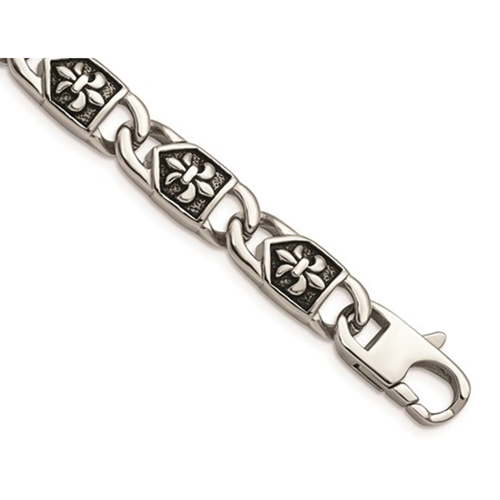 Mens Stainless Stee Antiqued Fleur De Lis Bracelet Bracelet (8.75 Inches) Image 4