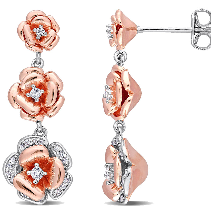 1/8 Carat (ctw) Created White Sapphire and Diamond Flower Dangle Earrings in Rose Sterling Silver Image 1