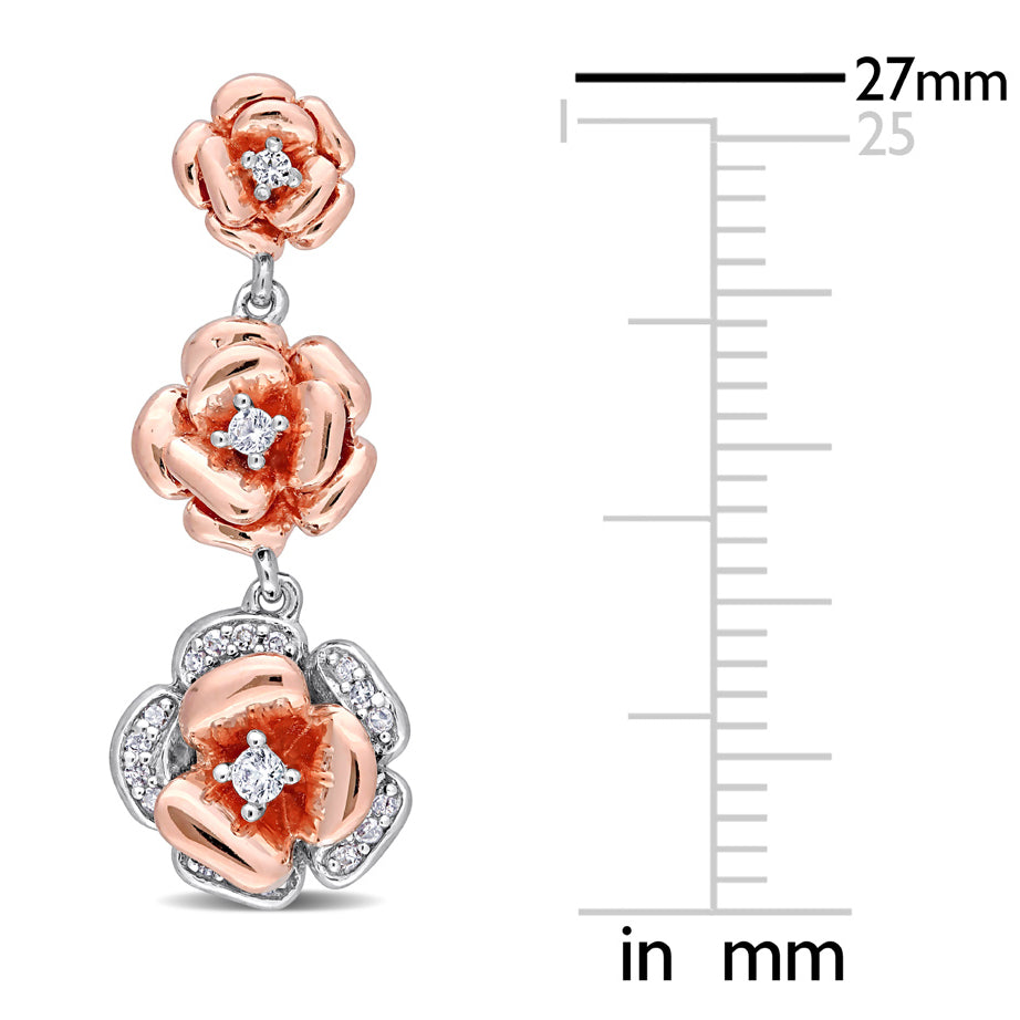 1/8 Carat (ctw) Created White Sapphire and Diamond Flower Dangle Earrings in Rose Sterling Silver Image 2