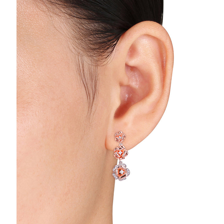 1/8 Carat (ctw) Created White Sapphire and Diamond Flower Dangle Earrings in Rose Sterling Silver Image 3