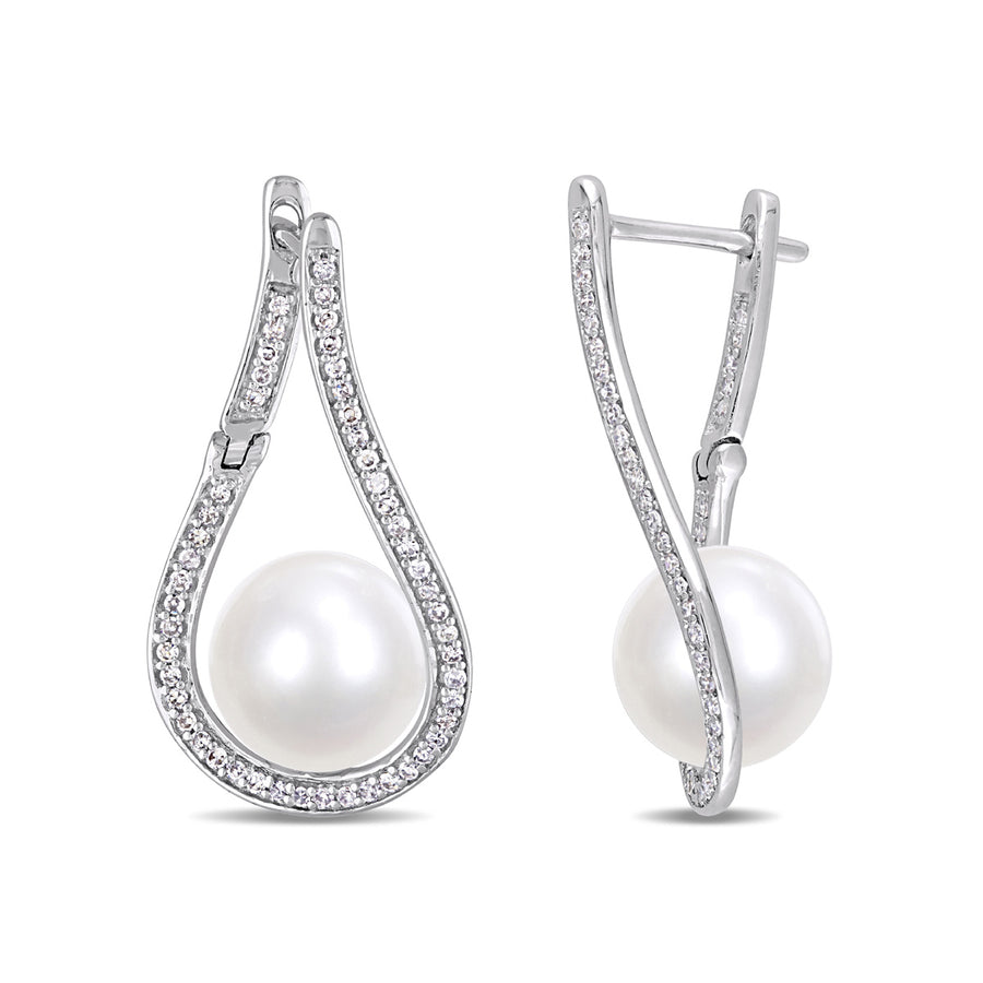 9-9.5mm Freshwater Cultured Pearl and 1/3 Carat (ctw) Diamond Drop Earrings in 14K White Gold Image 1